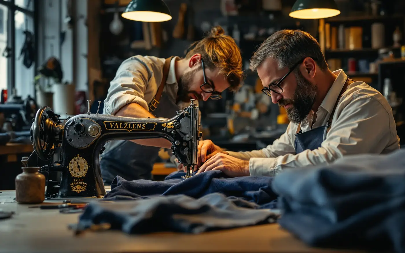 Deux artisans travaillant une toile de denim sur une machine à coudre ancienne, dans un atelier