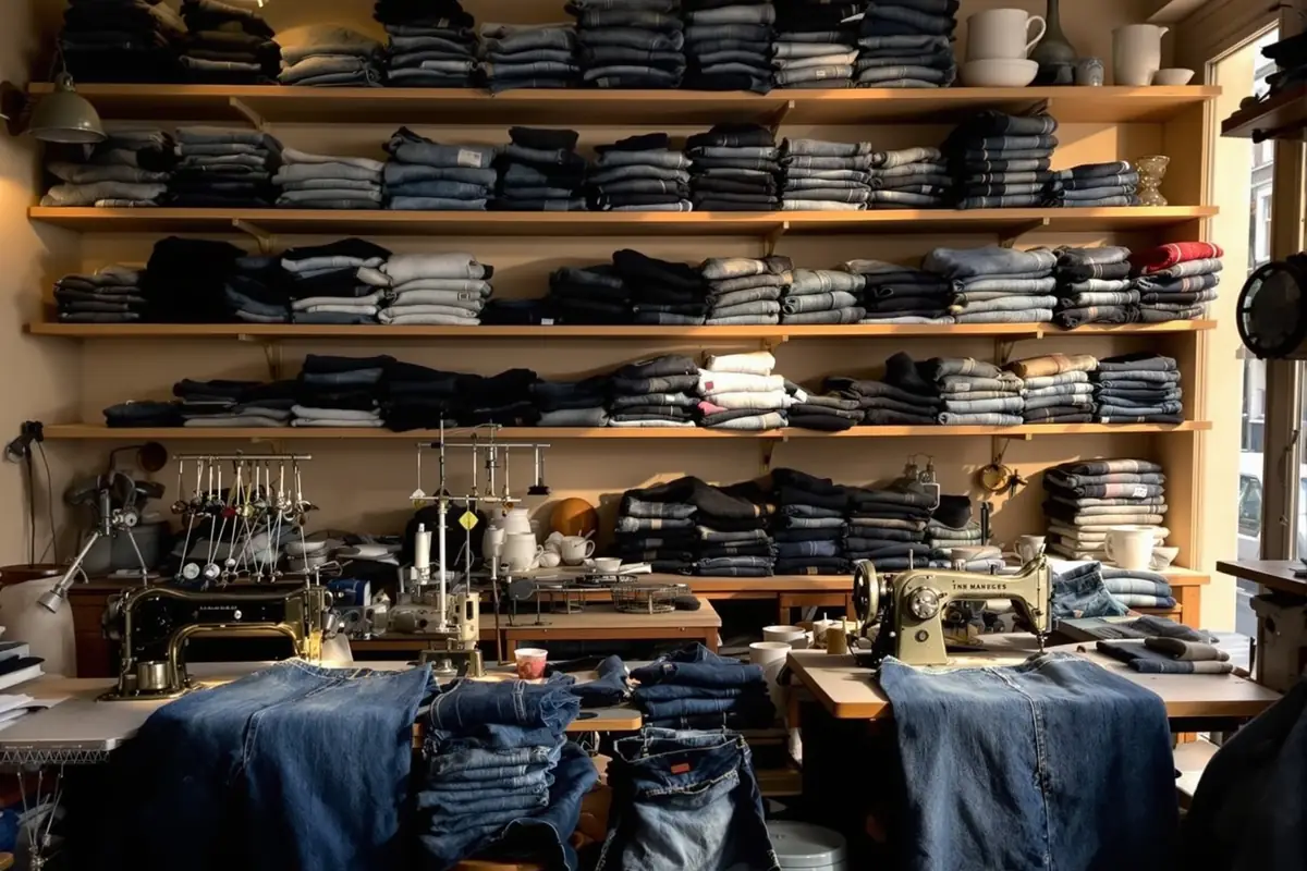 Étagères remplies de jeans pliés et empilés dans une lumière chaude