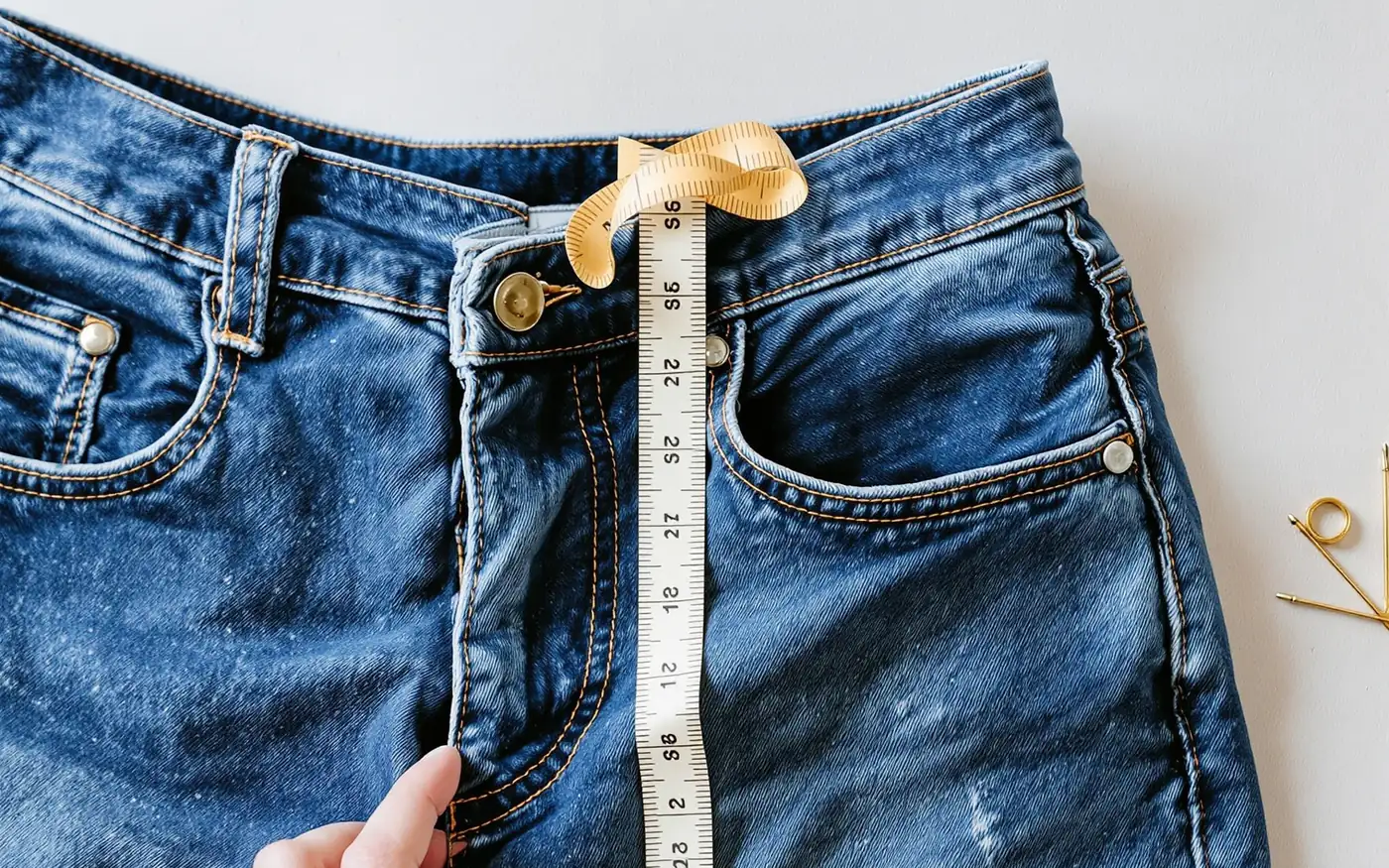 Prise de mesure à la taille d'un jean avec un mètre ruban avant un cintrage